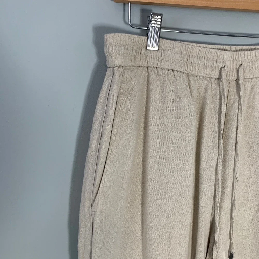 Zara Linen Blend Wide Leg Drawstring Pants‎ Beige Oatmeal Size Large